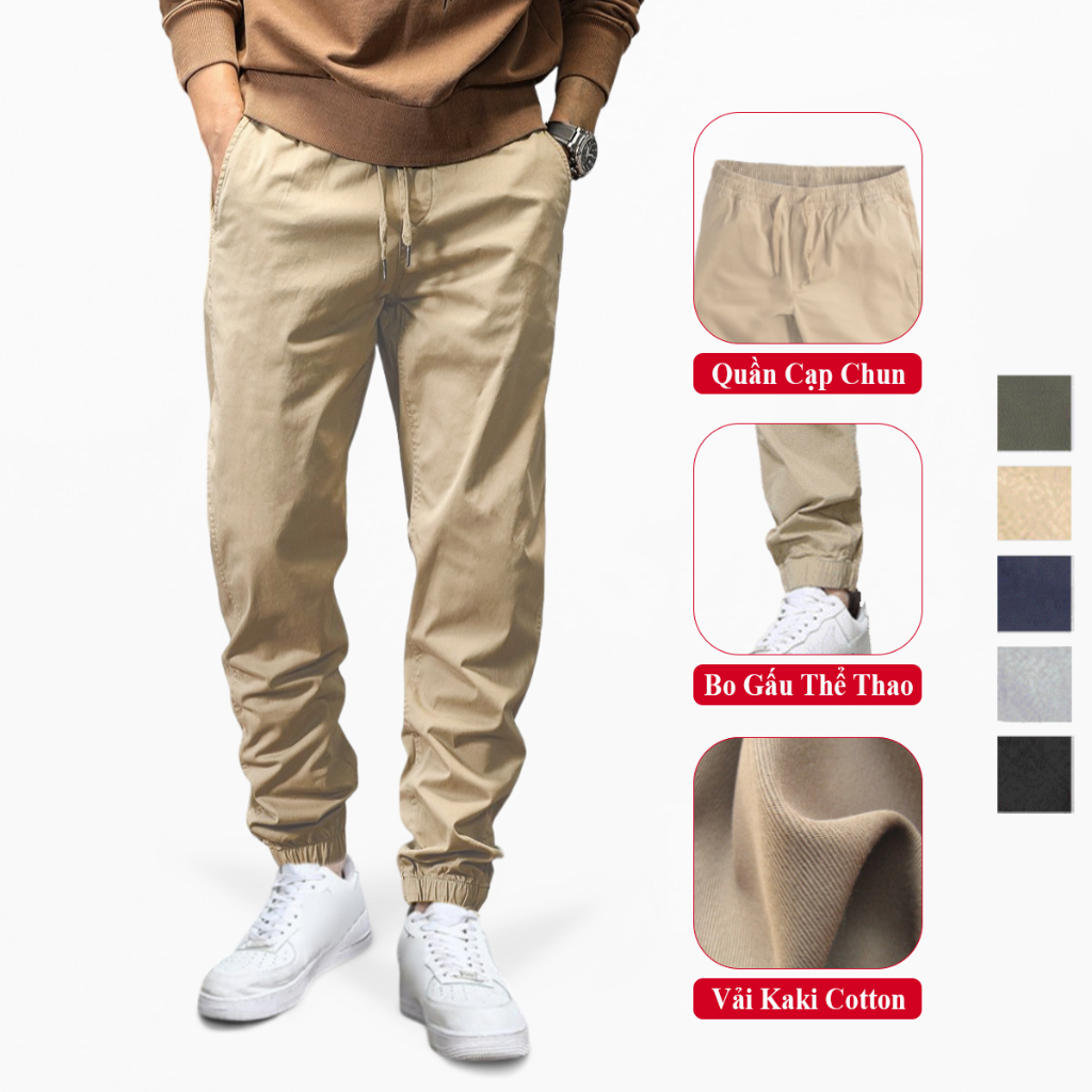 Quần Jogger Kaki Nam Vicenzo Cao Cấp Vải Cotton Cạp Chun Bo Gấu. Jogger Kaki Nam Đường May Chuẩn.