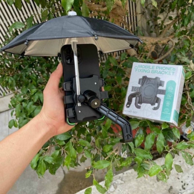 Kẹp điện thoại HT507 gắn xe máy có ô che tiện lợi,giá đỡ điện thoại bằng kim loại gắn xe máy có dù che nắng mưa cực chắc
