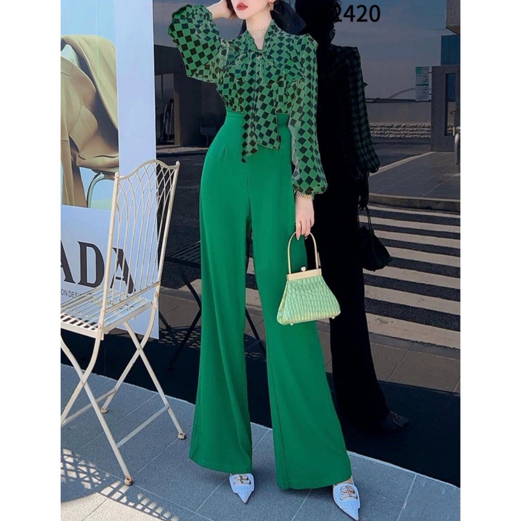 Jumpsuit thân trên họa tiết kẻ phối quần culottes ông rộng A2420