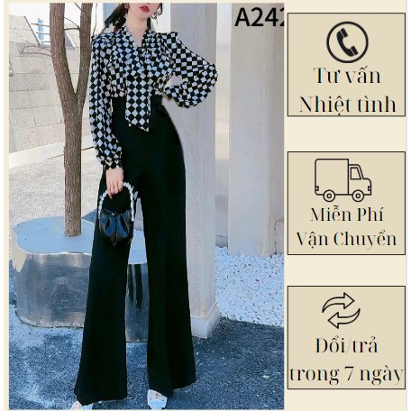 Jumpsuit thân trên họa tiết kẻ phối quần culottes ông rộng A2420