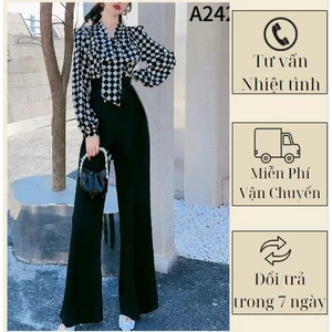 Jumpsuit thân trên họa tiết kẻ phối quần culottes ông rộng A2420
