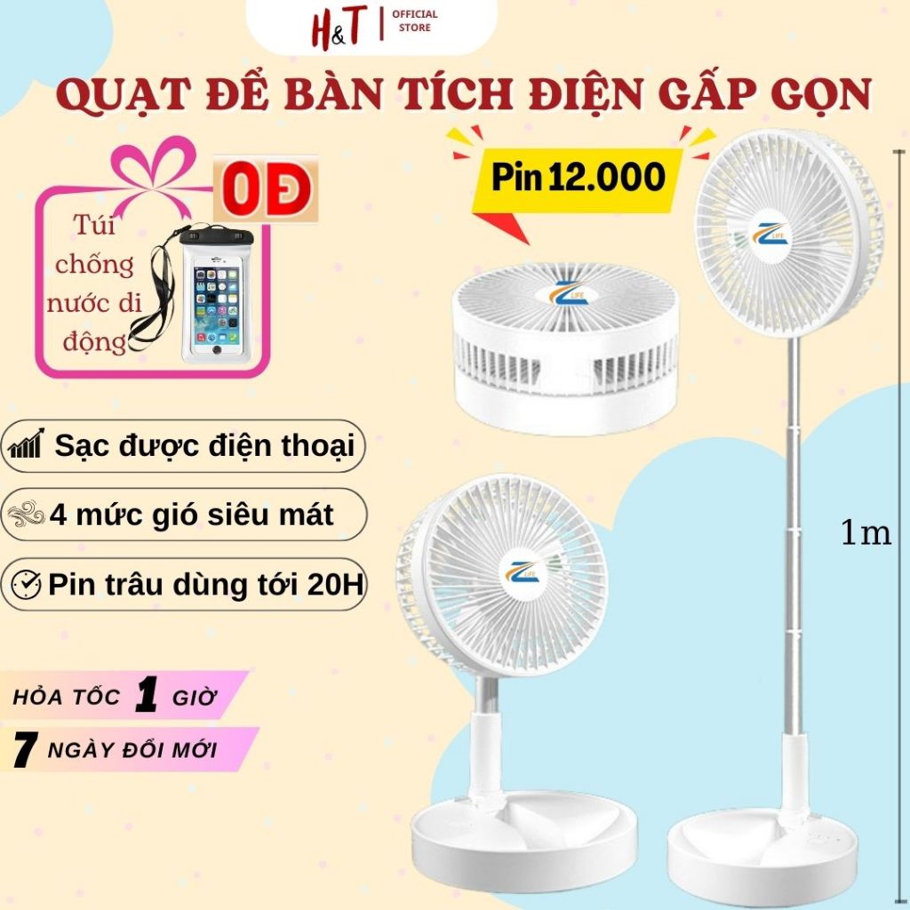 Product image Quạt tích điện gấp gọn để bàn đa năng cao cấp - Quạt sạc mini pin trâu 5-20h sử dung 4 tốc độ có thể làm pin dự phòng 1