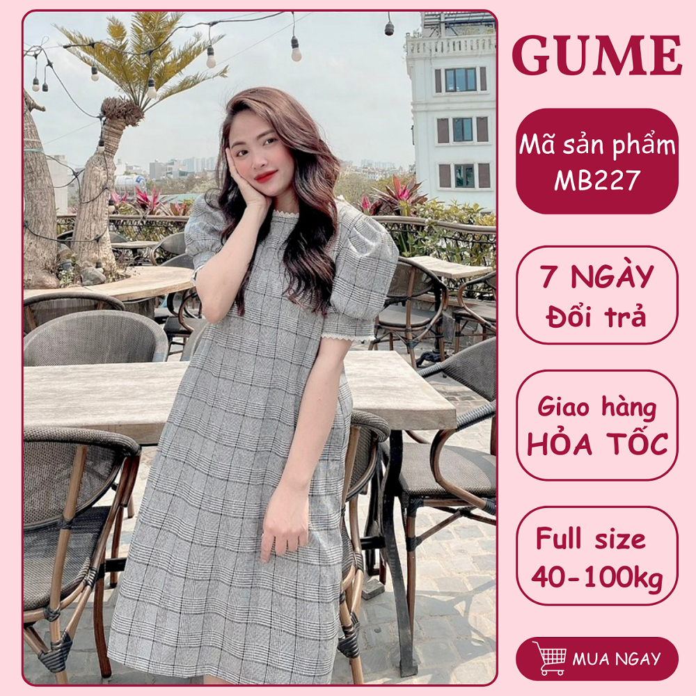 Váy bầu bigsize - Đầm bầu thiết kế GuMe màu kẻ đen to dáng suông tay bo ...