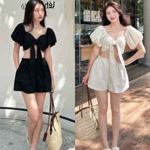 Set Linen Tiêu 2 Lớp Áo Thắt Nơ Ngực Có Đệm Mix Quần Đùi 2 Lớp Cạp Chun 2 Màu
