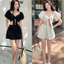 Set Linen Tiêu 2 Lớp Áo Thắt Nơ Ngực Có Đệm Mix Quần Đùi 2 Lớp Cạp Chun 2 Màu