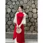 Áo Dài Cách Tân Nữ,Vải Lụa Mỹ Cổ Lệch Đính Nơ,Tay Phối Loe Siêu Sang