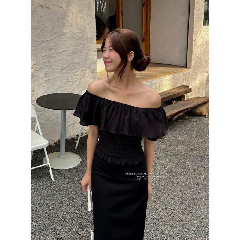 [Mya house] Áo linen trễ vai nhún NELLY TOP