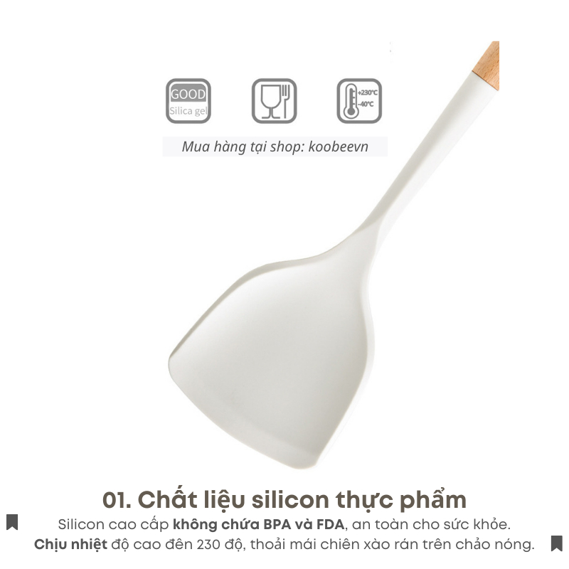 Bộ Dụng Cụ Nhà Bếp Silicon Cán Gỗ 5 Món Màu Trắng Sữa Cao Cấp KOOBEE Chống Dính Chịu Nhiệt Dùng Cho Nấu Ăn Làm Bếp | 107