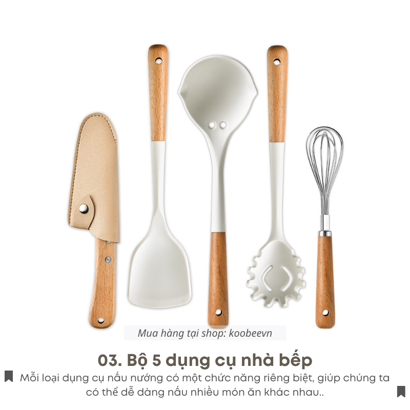 Bộ Dụng Cụ Nhà Bếp Silicon Cán Gỗ 5 Món Màu Trắng Sữa Cao Cấp KOOBEE Chống Dính Chịu Nhiệt Dùng Cho Nấu Ăn Làm Bếp | 107
