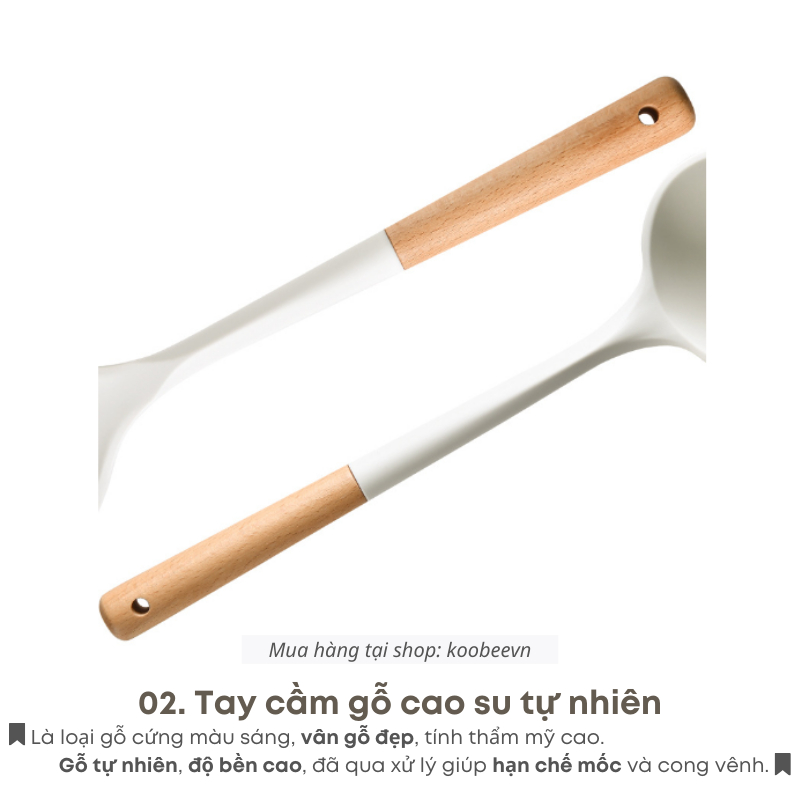 Bộ Dụng Cụ Nhà Bếp Silicon Cán Gỗ 5 Món Màu Trắng Sữa Cao Cấp KOOBEE Chống Dính Chịu Nhiệt Dùng Cho Nấu Ăn Làm Bếp | 107