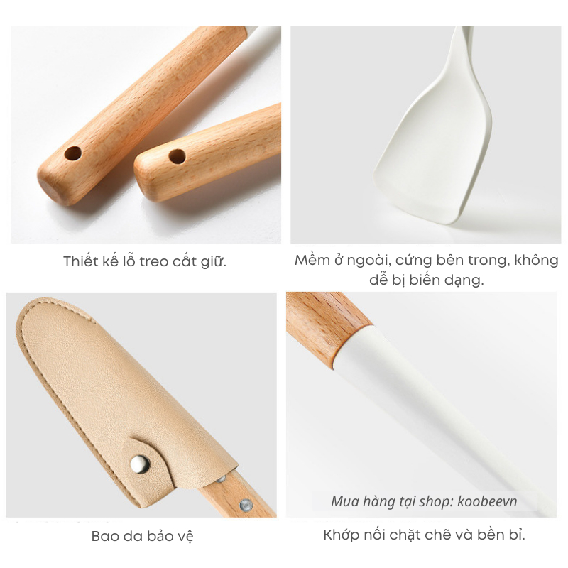 Bộ Dụng Cụ Nhà Bếp Silicon Cán Gỗ 5 Món Màu Trắng Sữa Cao Cấp KOOBEE Chống Dính Chịu Nhiệt Dùng Cho Nấu Ăn Làm Bếp | 107
