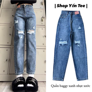 Quần jeans baggy xanh sáng xước nhiều Yến Tee, Quần che khuyết điểm diện Tết