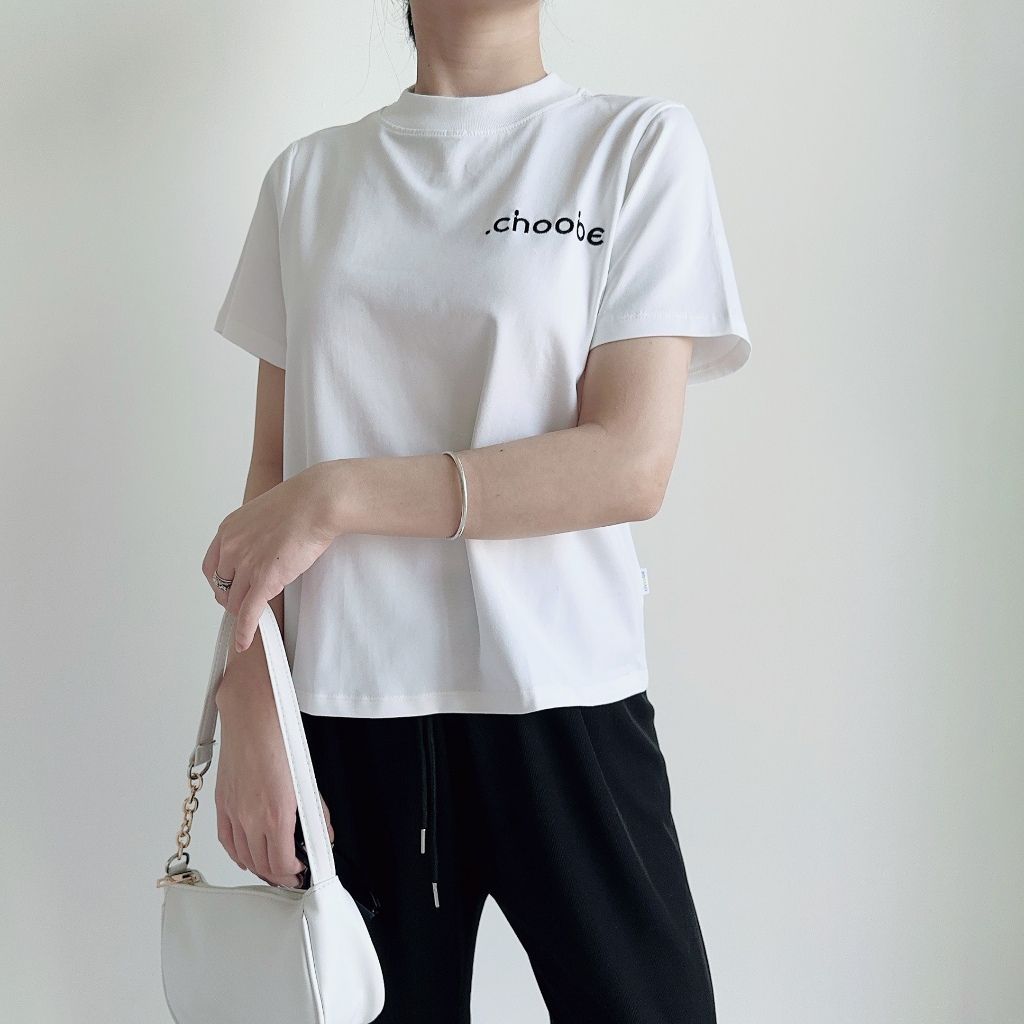 Ảnh Áo phông baby tee Choobe nữ thun cộc tay cổ cao basic trơn thêu chữ chất vải cotton co giãn thoáng mát A98 3