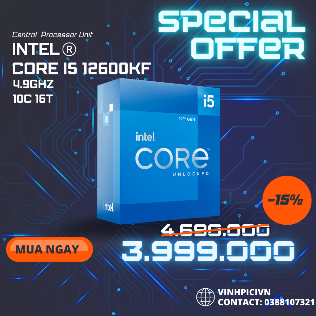 Cpu Intel Core I5 12600kf 37ghz Turbo 49ghz 10 Nhân 16 Luồng 20mb Lga 1700 New 0603