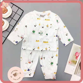 Bộ Dài Tay Thun Lạnh Sơ Sinh Trắng Họa Tiết Cúc Chéo Quần Đáp Đũng Chât Petit