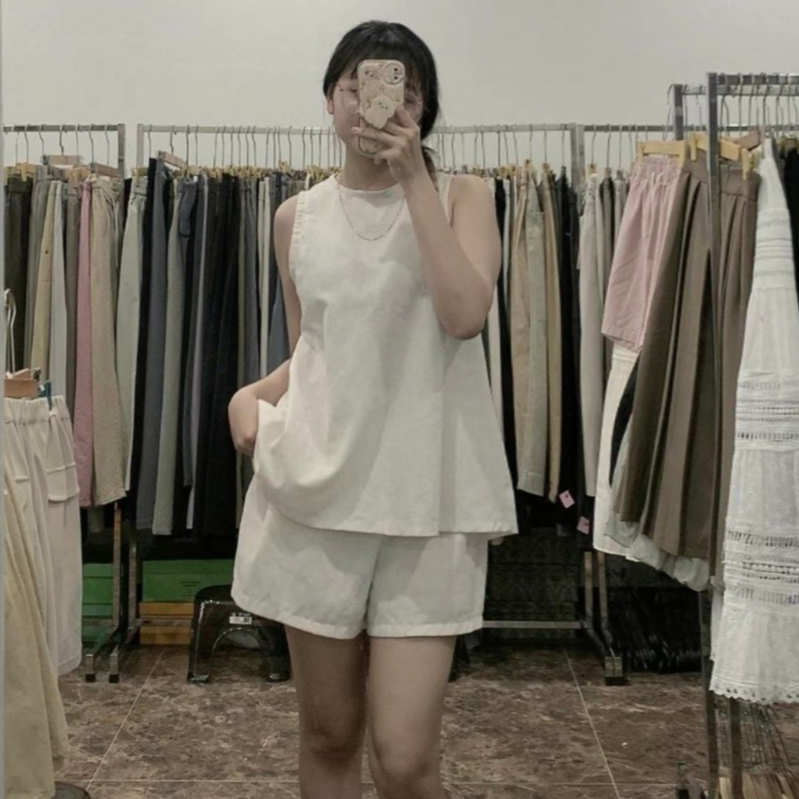 Set bộ đồ nữ linen xẻ lưng cúc bọc mềm mại, bộ đùi áo sát nách đi chơi đi biển thời trang H Store