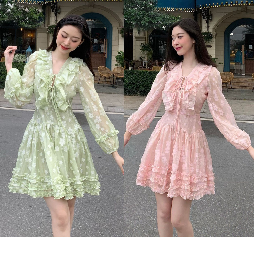 Đầm Hoa Cổ Bèo HAMY.FASHION Váy Tiểu Thư Dài Tay Chất Voan In Nổi 3 Màu ...