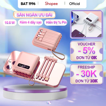 Pin sạc dự phòng nhỏ gọn có quai 20000mAh, 4 cổng sạc, sạc cùng lúc 4 thiết bị, pin trâu, hiển thị % Pin, BAT 1996