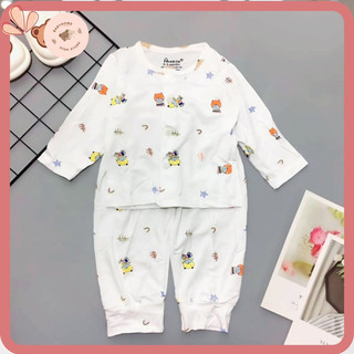 Bộ Dài Tay Thun Lạnh Sơ Sinh Trắng Họa Tiết Cúc Chéo Quần Đáp Đũng Chât Petit