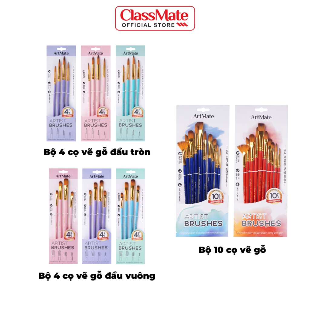 Cọ Vẽ Màu Nước Classmate Bộ Cọ Vẽ Gỗ Dáng Cọ Đa Dạng, Bộ 4/10 Cọ Tô Màu Acrylic, Màu Gouache, Đầu Lông Mềm AM-PBS003/4/5