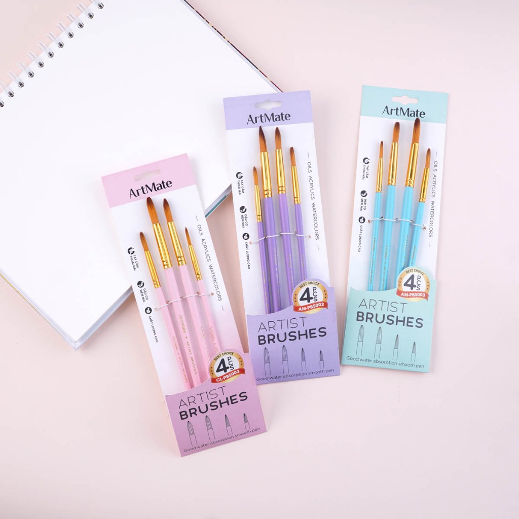 Cọ Vẽ Màu Nước Classmate Bộ Cọ Vẽ Gỗ Dáng Cọ Đa Dạng, Bộ 4/10 Cọ Tô Màu Acrylic, Màu Gouache, Đầu Lông Mềm AM-PBS003/4/5