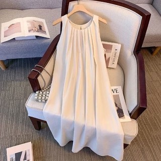 Váy dáng rộng hở lưng không tay maxi chất đũi, hàng thiết kế cổ tròn xếp ly sát nách dáng dài maxi
