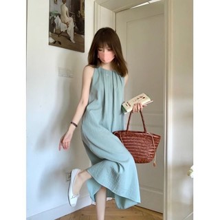 Váy dáng rộng hở lưng không tay maxi chất đũi, hàng thiết kế cổ tròn xếp ly sát nách dáng dài maxi