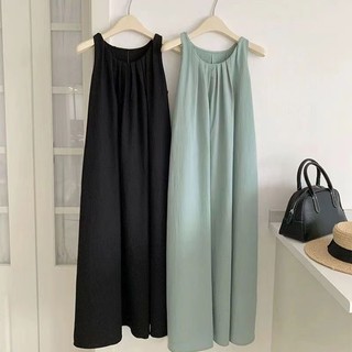 Váy dáng rộng hở lưng không tay maxi chất đũi, hàng thiết kế cổ tròn xếp ly sát nách dáng dài maxi
