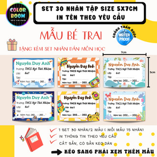 [ IN TÊN THEO YÊU CẦU] Nhãn Vở In Theo Yêu Cầu - Set 30 Nhãn Vở Mẫu Bé Trai - Size 5x7cm - Colorboom