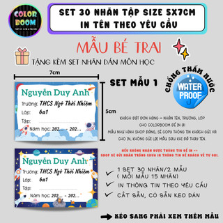 [ IN TÊN THEO YÊU CẦU] Nhãn Vở In Theo Yêu Cầu - Set 30 Nhãn Vở Mẫu Bé Trai - Size 5x7cm - Colorboom