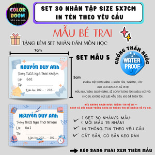 [ IN TÊN THEO YÊU CẦU] Nhãn Vở In Theo Yêu Cầu - Set 30 Nhãn Vở Mẫu Bé Trai - Size 5x7cm - Colorboom