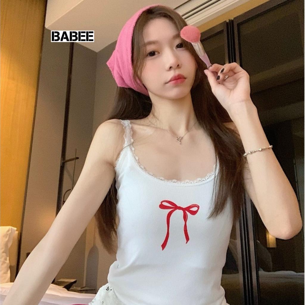 Áo 2 Dây Nữ BABEE Phối Ren Gợi Cảm In Họa Tiết Nơ Điệu Đà Chất Thun Tăm Mềm Mịn Thoải Mái