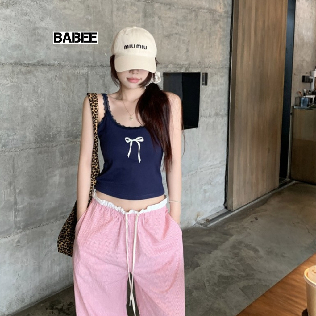 Áo 2 Dây Nữ BABEE Phối Ren Gợi Cảm In Họa Tiết Nơ Điệu Đà Chất Thun Tăm Mềm Mịn Thoải Mái