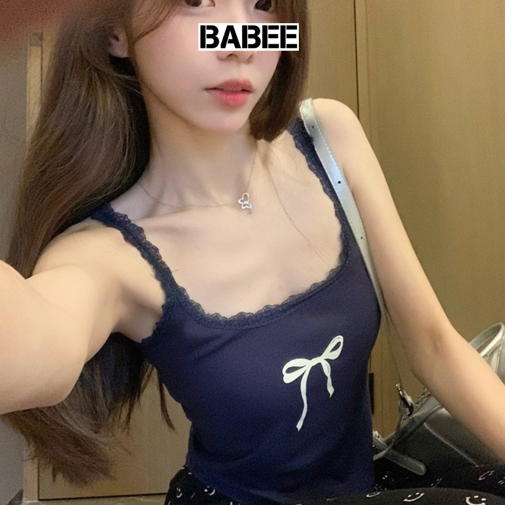 Áo 2 Dây Nữ BABEE Phối Ren Gợi Cảm In Họa Tiết Nơ Điệu Đà Chất Thun Tăm Mềm Mịn Thoải Mái