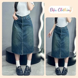Chân váy jean dài bigsize nữ dáng midi dài 7 tấc xẻ tà trước chuẩn form dễ phối đồ V5