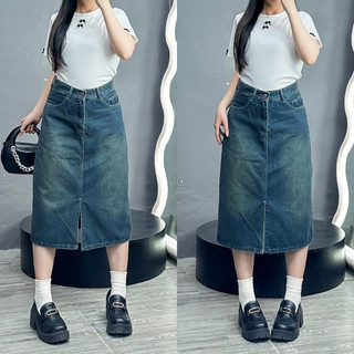Chân váy jean dài bigsize nữ dáng midi dài 7 tấc xẻ tà trước chuẩn form dễ phối đồ V5