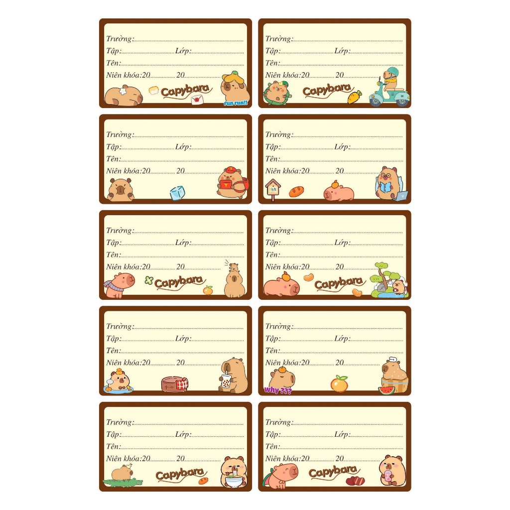 Nhãn Vở Học Sinh Nhiều Hình 10 ô - Capybara (Xấp 5 tờ - 50 nhãn ...