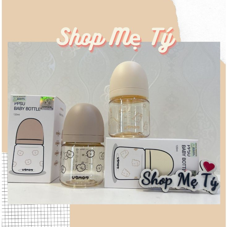 (Minisize) Bình sữa Ubmom Tiny 120ml hoạ tiết khủng long, cún xù cho bé ...