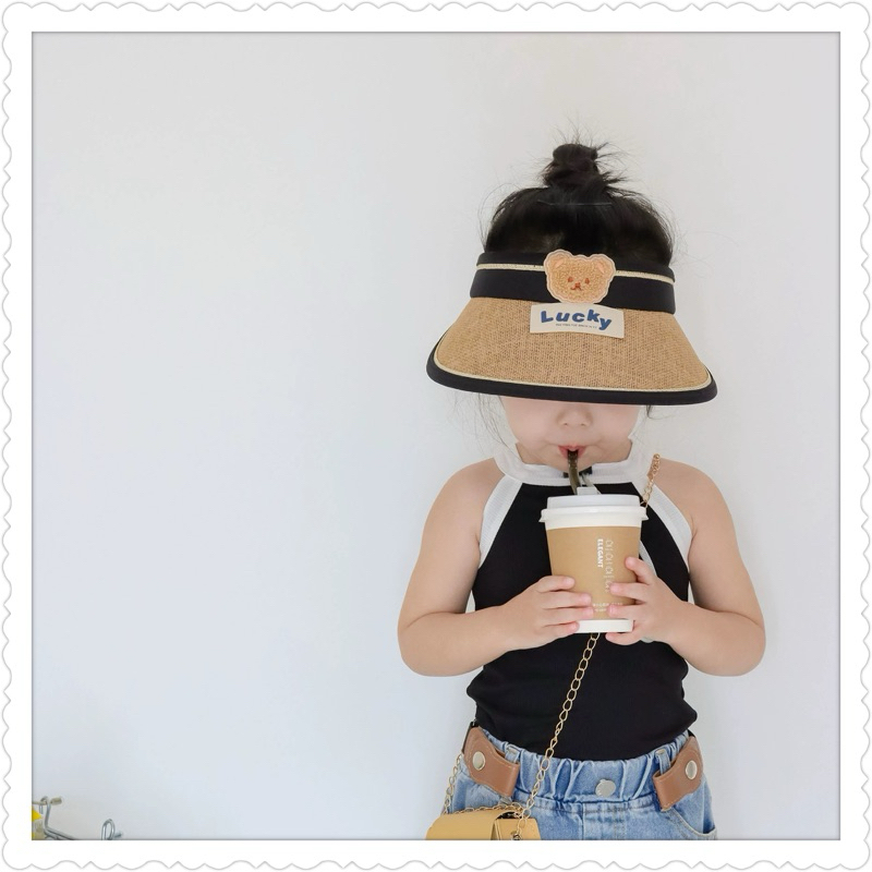 Mũ cói hở chóp chống nắng vành rộng cho bé trai bé gái hoạ tiết gấu thêu chữ LUCKY , phù hợp 1-10 tuổi