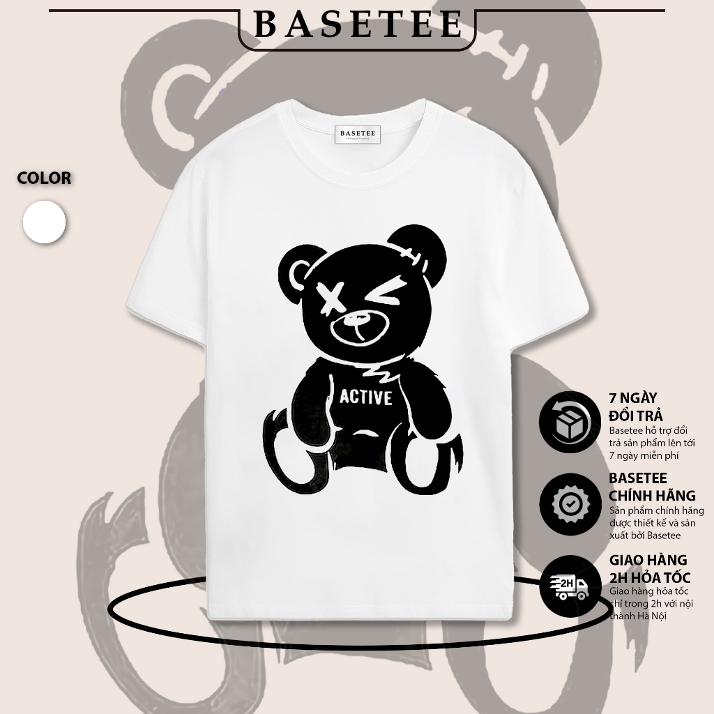 Áo thun trắng in hình Black Bear co dãn thấm hút mồ hôi đủ size 40-100kg form rộng Basetee Unisex