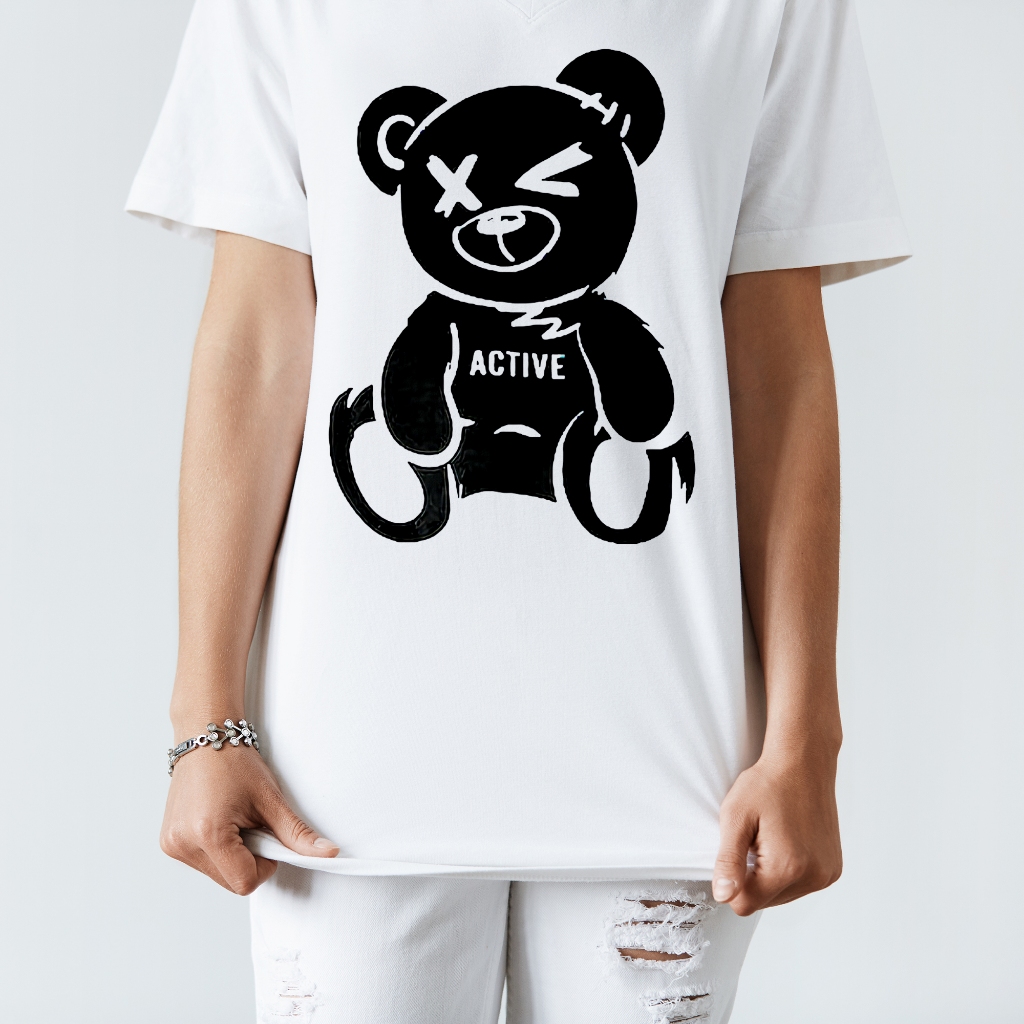 Áo thun trắng in hình Black Bear co dãn thấm hút mồ hôi đủ size 40-100kg form rộng Basetee Unisex