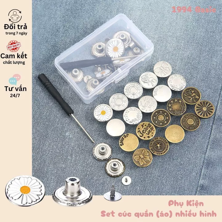 Hộp cúc quần 5-20 chiếc 17mm và 20mm kèm tô vít tự ghim. Cúc quần inox - đồng nhiều họa tiết.