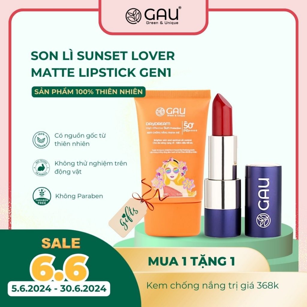 Son Lì Tự Nhiên #2 ĐỎ CHERRY Chính Hãng Không Chì Lâu Trôi An toàn Ăn được GAU SUNSET LOVER