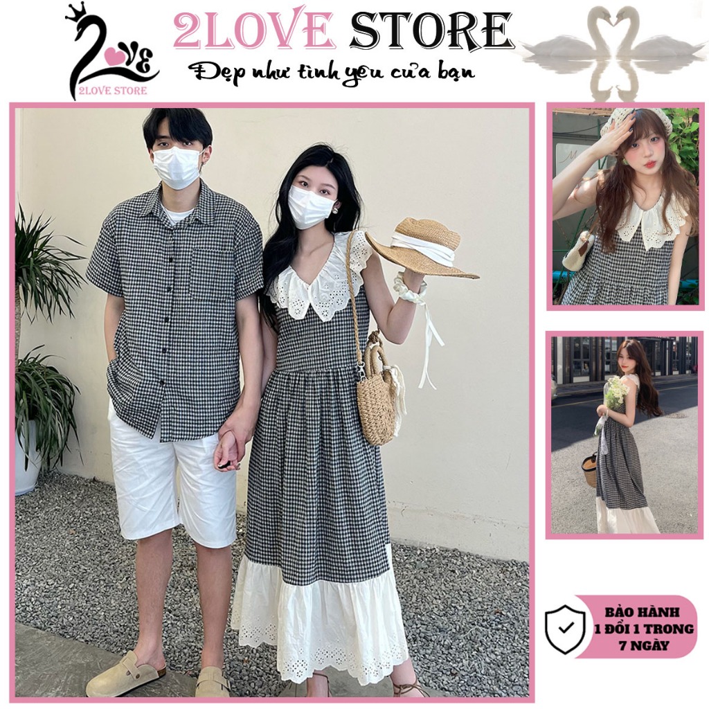 Set đồ đôi nam nữ bộ đồ couple 2Love Áo sơ mi nam cổ cứng, Váy nữ kẻ ...