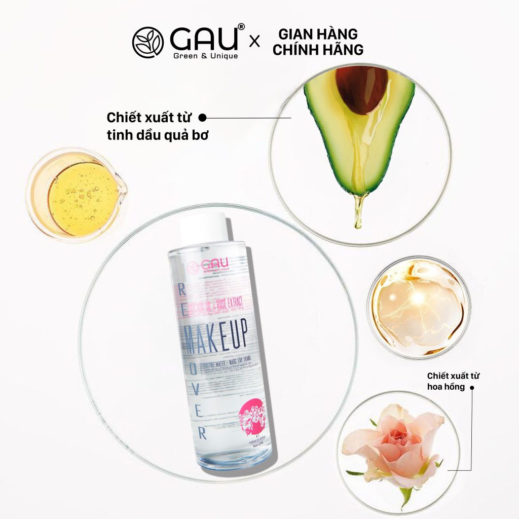 Nước Tẩy Trang Tự nhiên Không cồn Sạch sâu Căng Mịn da GAU Make Up Remover Avocado oil & Rose flower