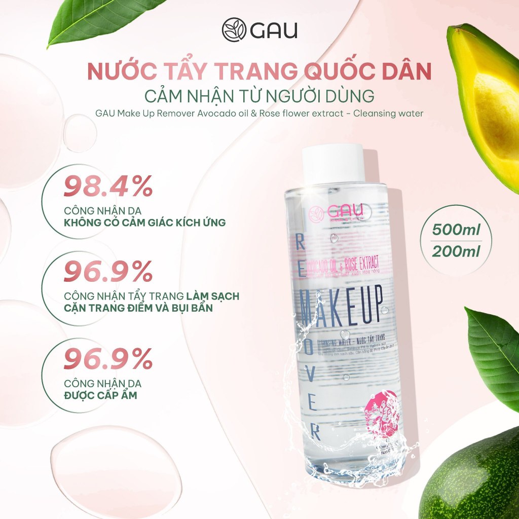 Nước Tẩy Trang Tự nhiên Không cồn Sạch sâu Căng Mịn da GAU Make Up Remover Avocado oil & Rose flower