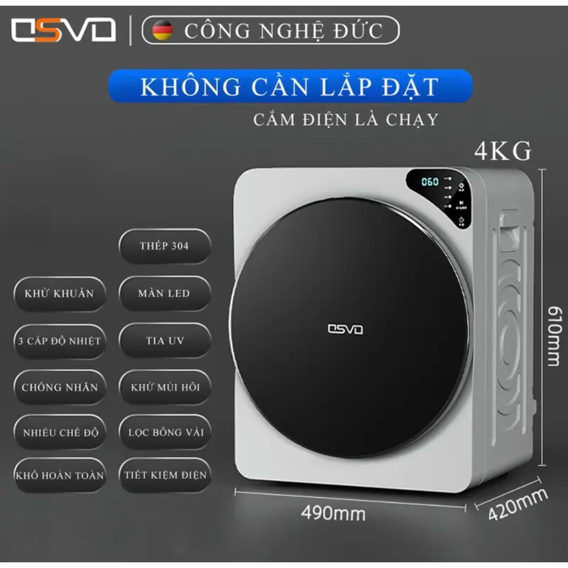 Máy sấy quần áo mini OSVO công nghệ Đức khử trùng ION Âm diệt 100% bọ ve, sấy khô hoàn toàn lọc bụi bẩn vải bông thừa