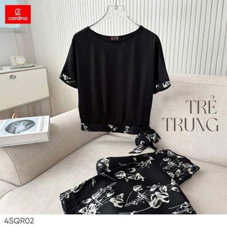 4SQR02 Sét bộ lụa quần dài hoạ tiết có phối bo gấu CARDINA co giãn nhẹ. Chất liệu Satin lụa Nhật cao cấp