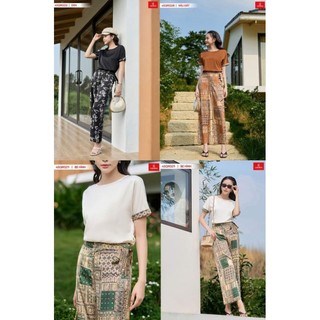 4SQR02 Sét bộ lụa quần dài hoạ tiết có phối bo gấu CARDINA co giãn nhẹ. Chất liệu Satin lụa Nhật cao cấp