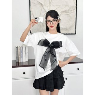 (SALE) Áo phông nữ ngắn tay form rộng đính nơ to cổ tròn màu trắng basic hottrend cotton mát hàng thiết kế AP23 DELIZ